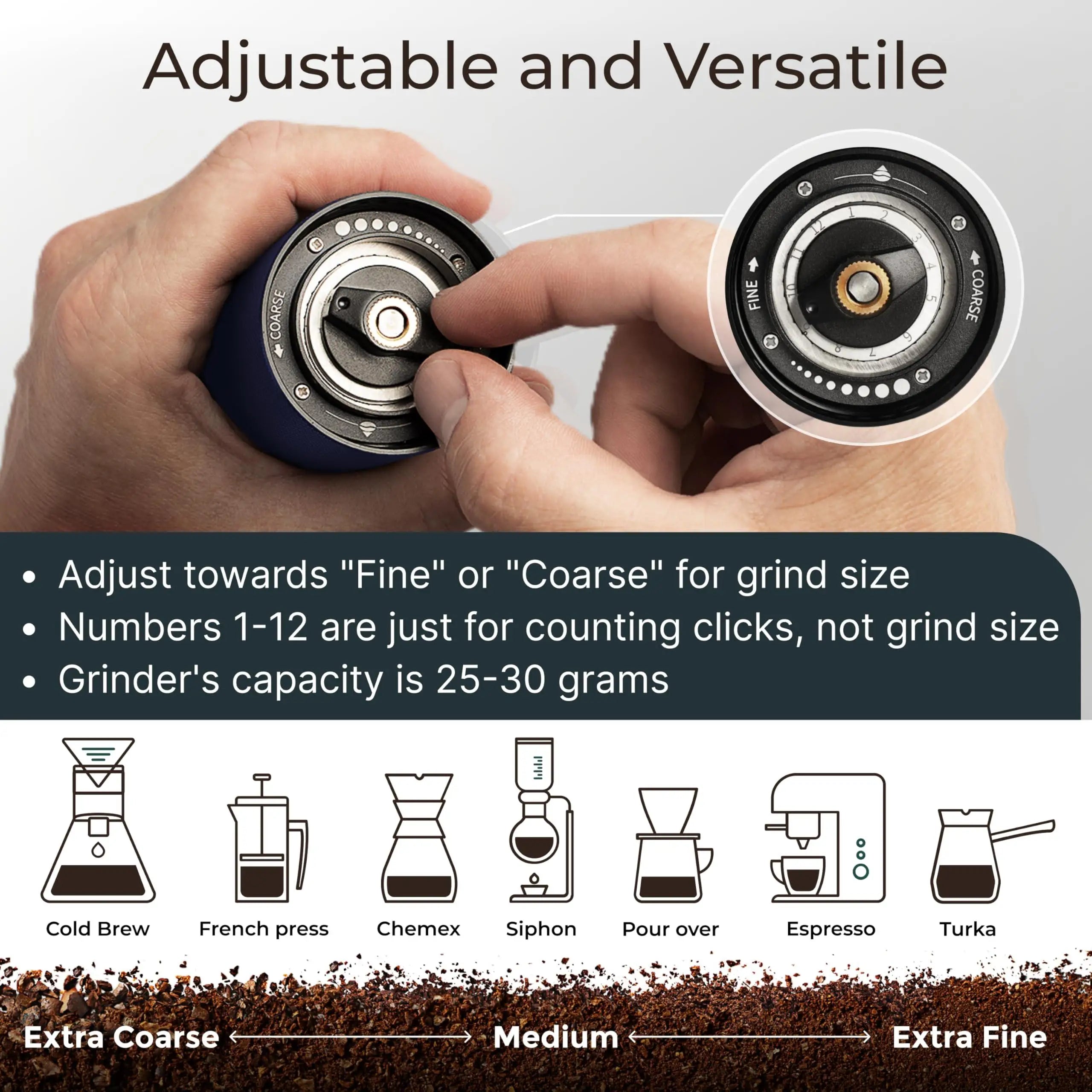 Coffee grinder with adjustable settings and coffee brewing methods illustration.