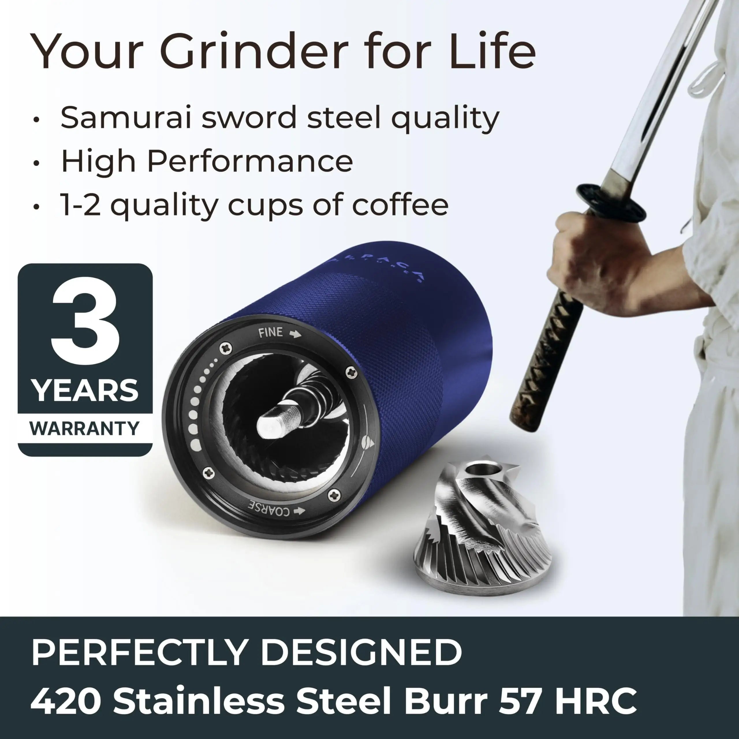 Blue coffee grinder with Samurai sword theme and warranty information on a white background