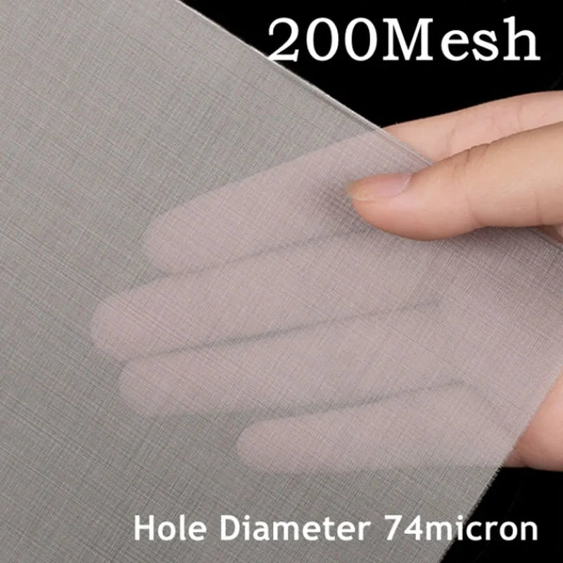 Hand holding a piece of mesh fabric with '200Mesh' and 'Hole Diameter 74micron' text.