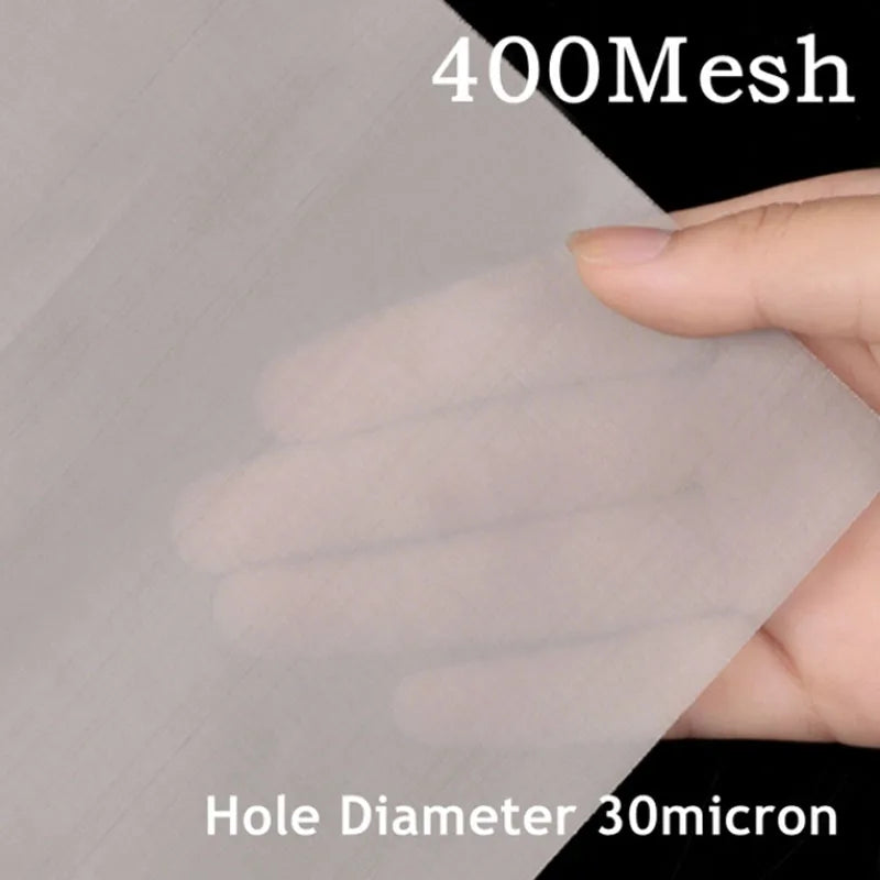 Hand holding a piece of mesh fabric with '400Mesh' and 'Hole Diameter 30micron' text.