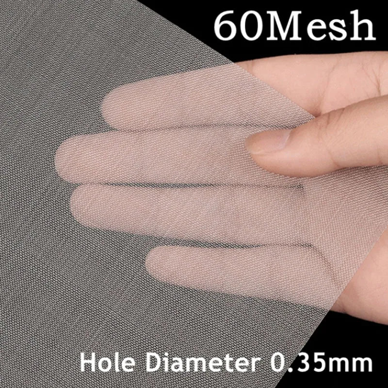 Hand holding a piece of mesh fabric with '60 Mesh' and 'Hole Diameter 0.35mm' text.