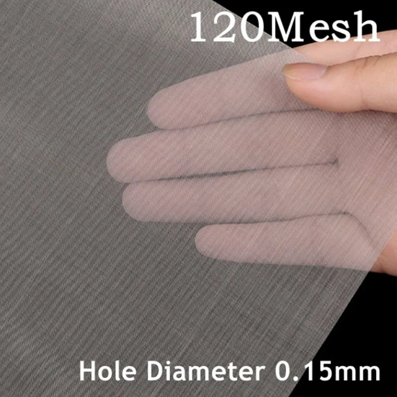 Hand holding a piece of gray mesh fabric with text indicating '120 Mesh' and 'Hole Diameter 0.15mm'.