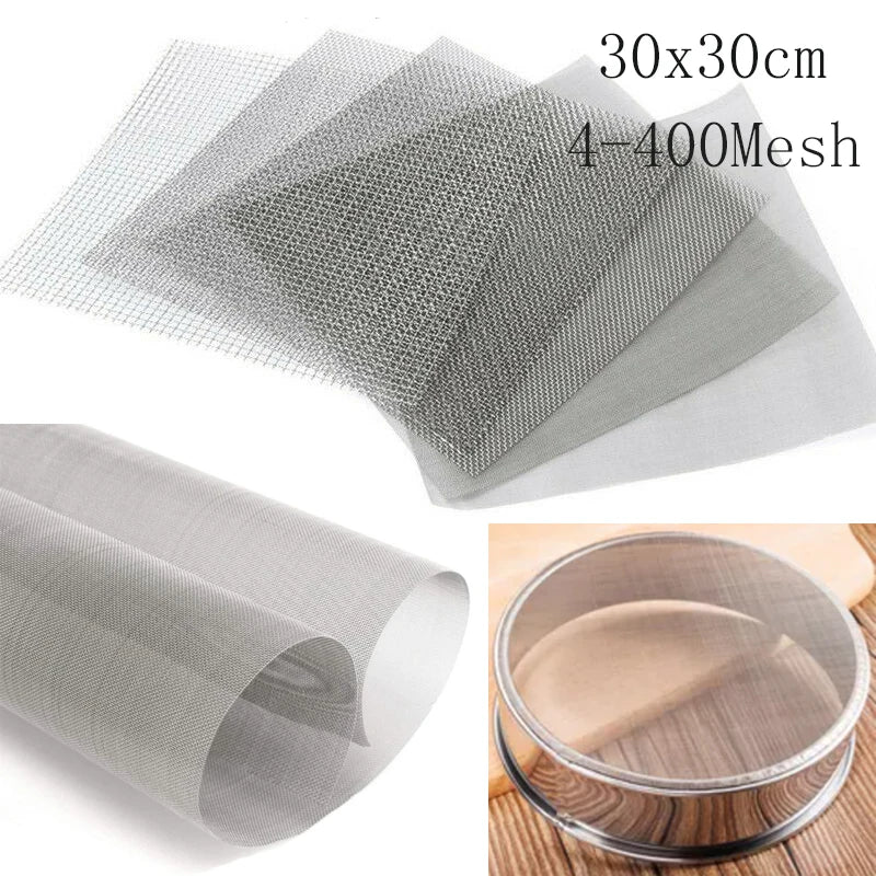 Metal mesh sheet with dimensions 30x30cm and mesh size 4-400, shown in various forms.