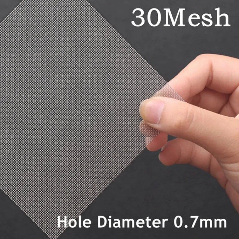 Hand holding a piece of 30 mesh screen with text indicating hole diameter 0.7mm on a dark background