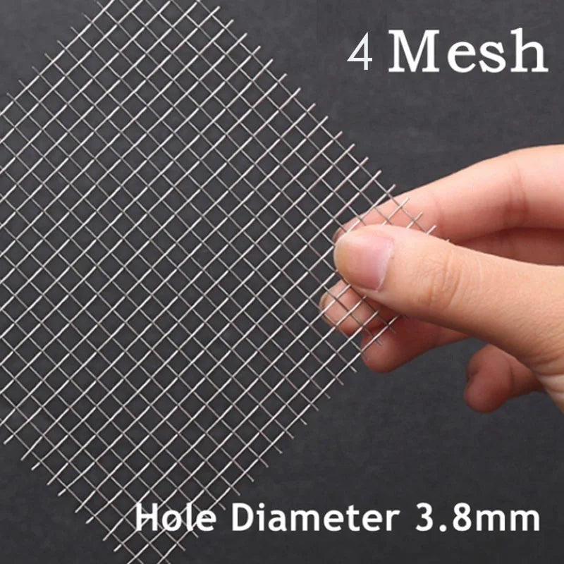 Metal mesh with a hand holding it, labeled '4 Mesh' and 'Hole Diameter 3.8mm' on a dark background.