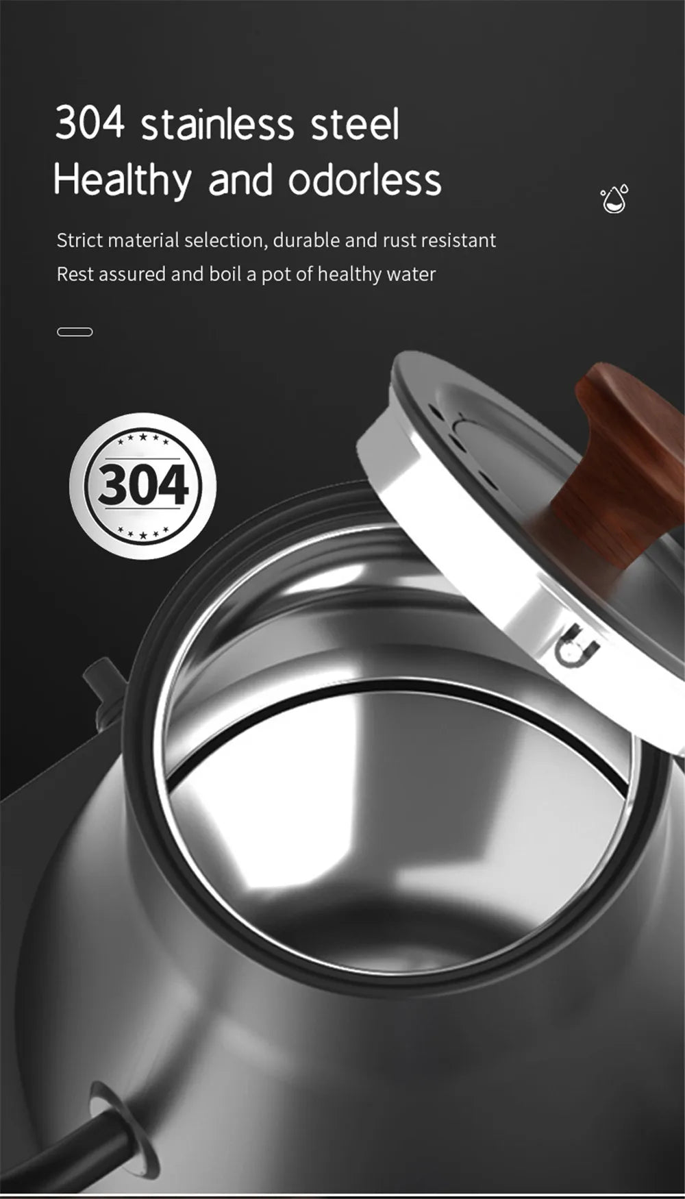 Stainless steel kettle with 304 stainless steel marking on a dark background