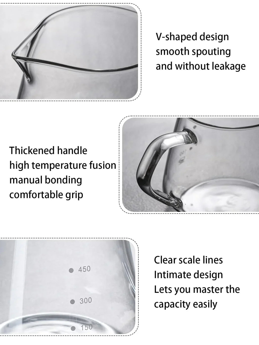 Glass measuring jug with features highlighted on a white background