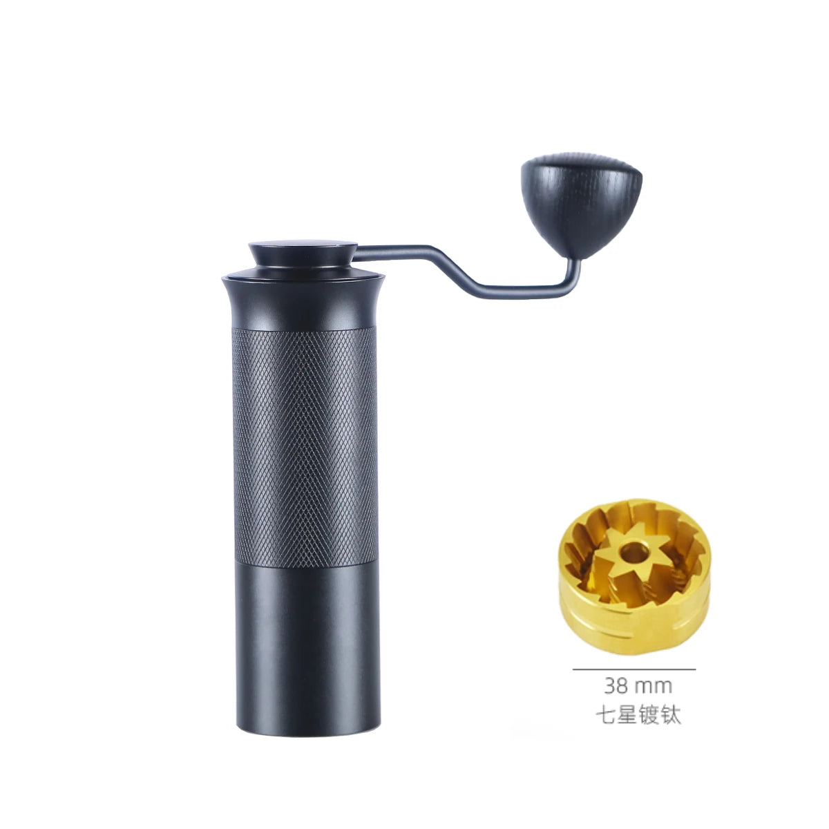 Black portable coffee grinder with gold burr on a white background