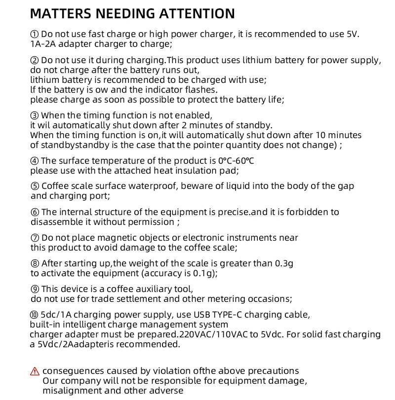 List of matters needing attention for a product with text on a white background