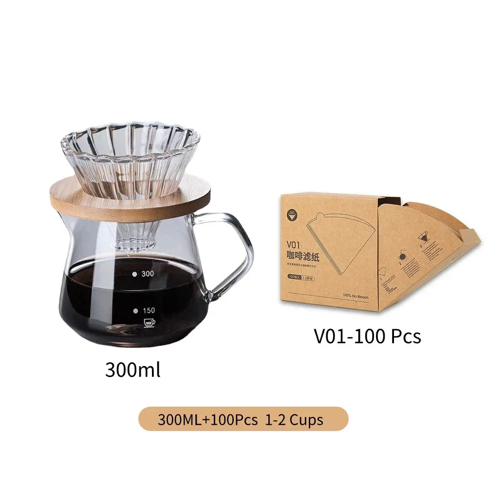 Coffee brewing set with glass carafe, wooden lid, and filter paper packaging on a white background