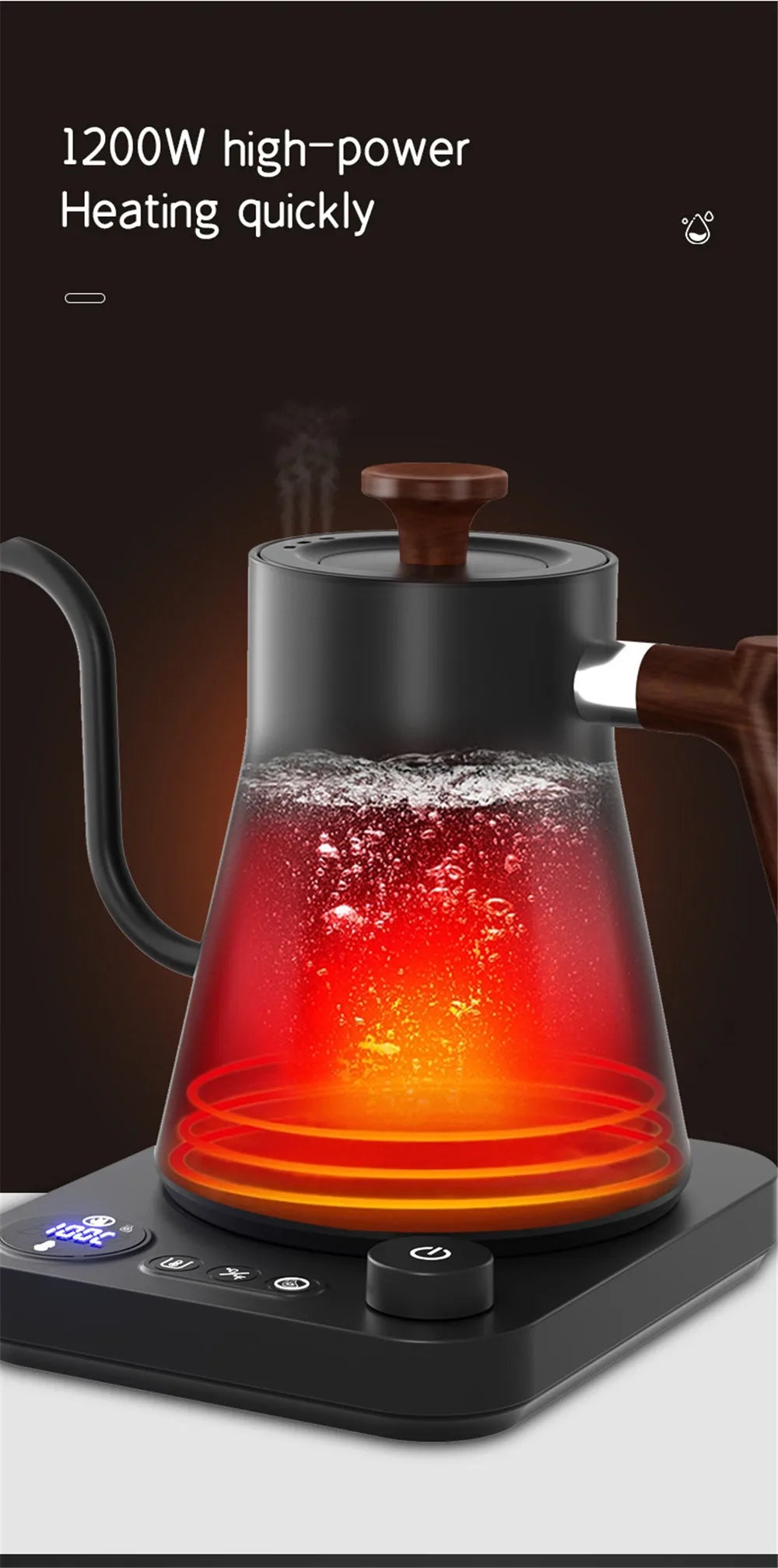 Electric kettle with boiling water on a dark background