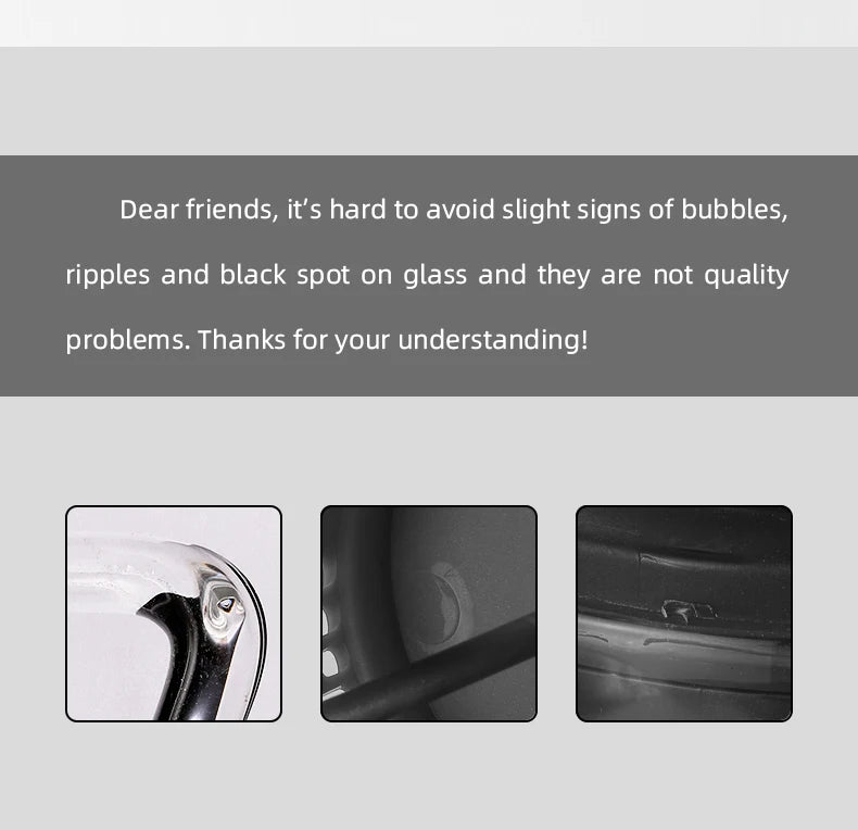 Text message explaining quality issues with glass and images of bubbles, ripples, and black spots.
