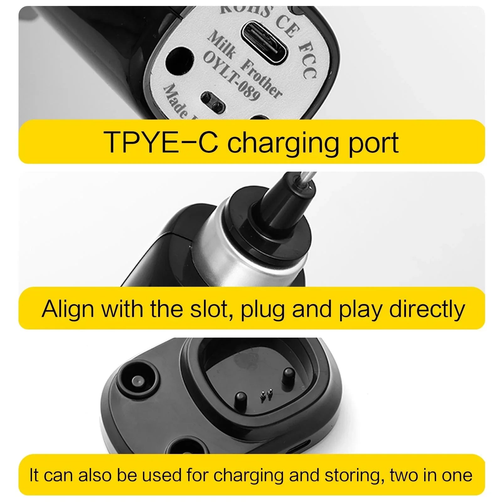 Close-up of a TPYE-C charging port with text instructions on a white background