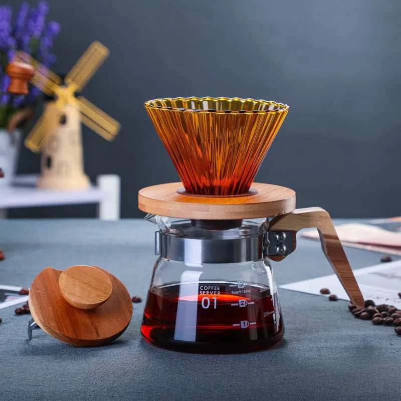 Heat Resistant Glass Hand Drip Coffee Pot Coffee Server with Wood Handle