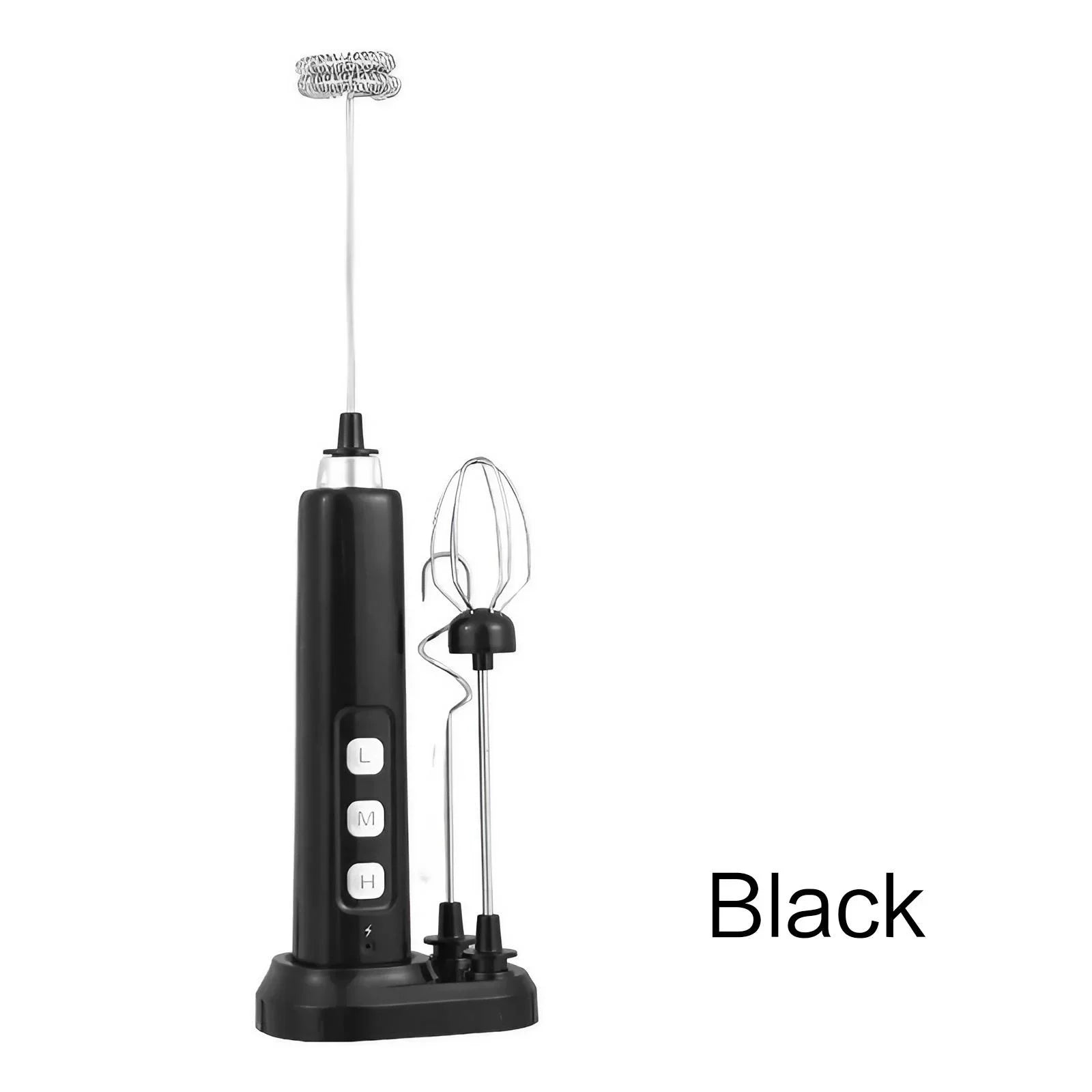 Black handheld milk frother with attachments on a white background