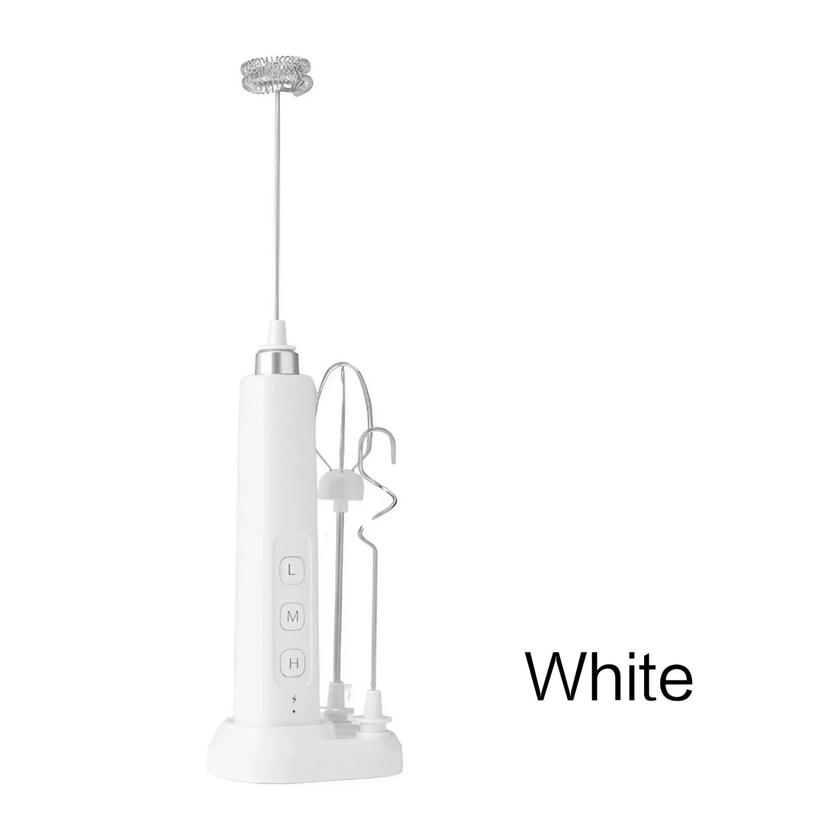 White handheld mixer with control panel on a white background