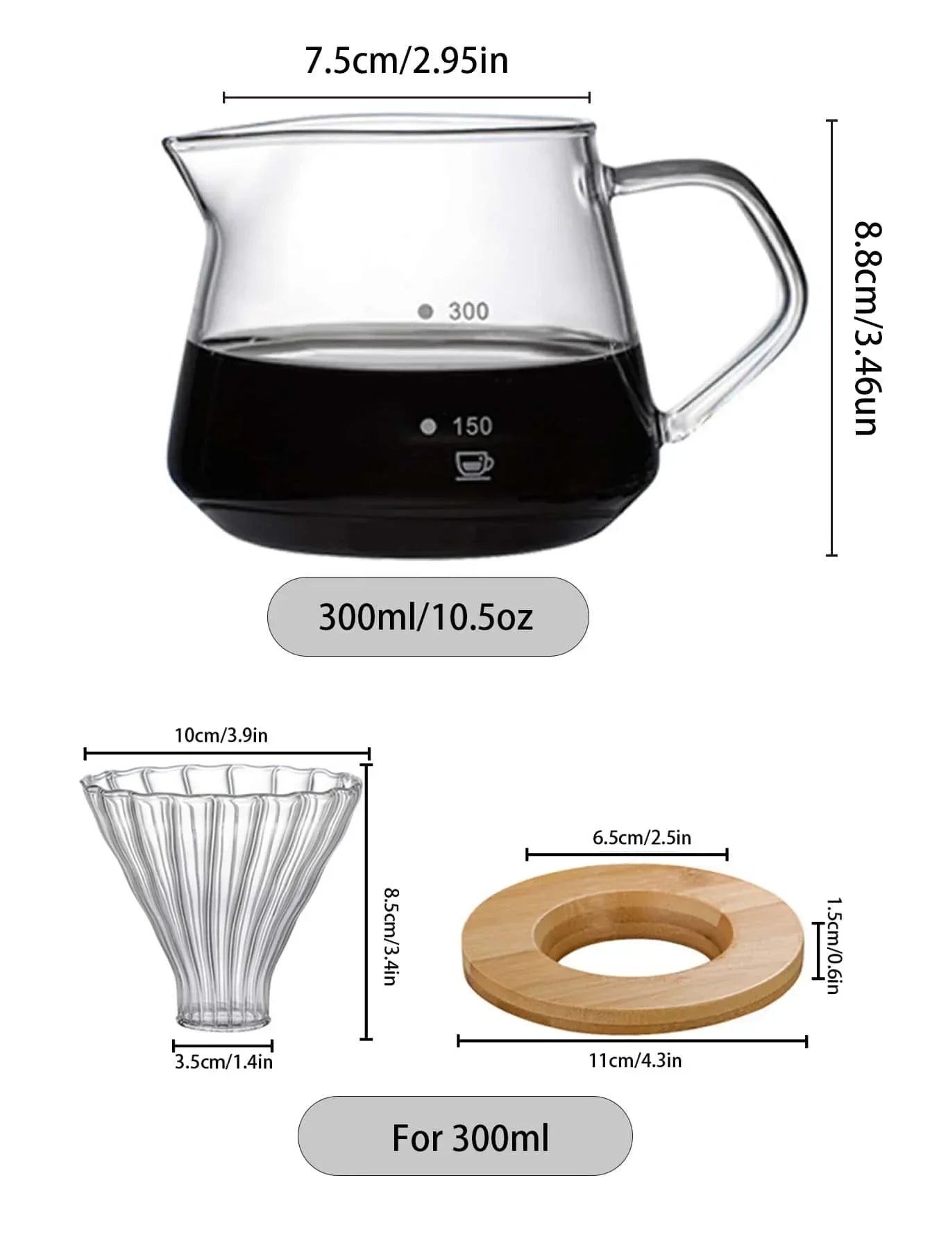 Glass coffee maker with measurements and additional components on a white background
