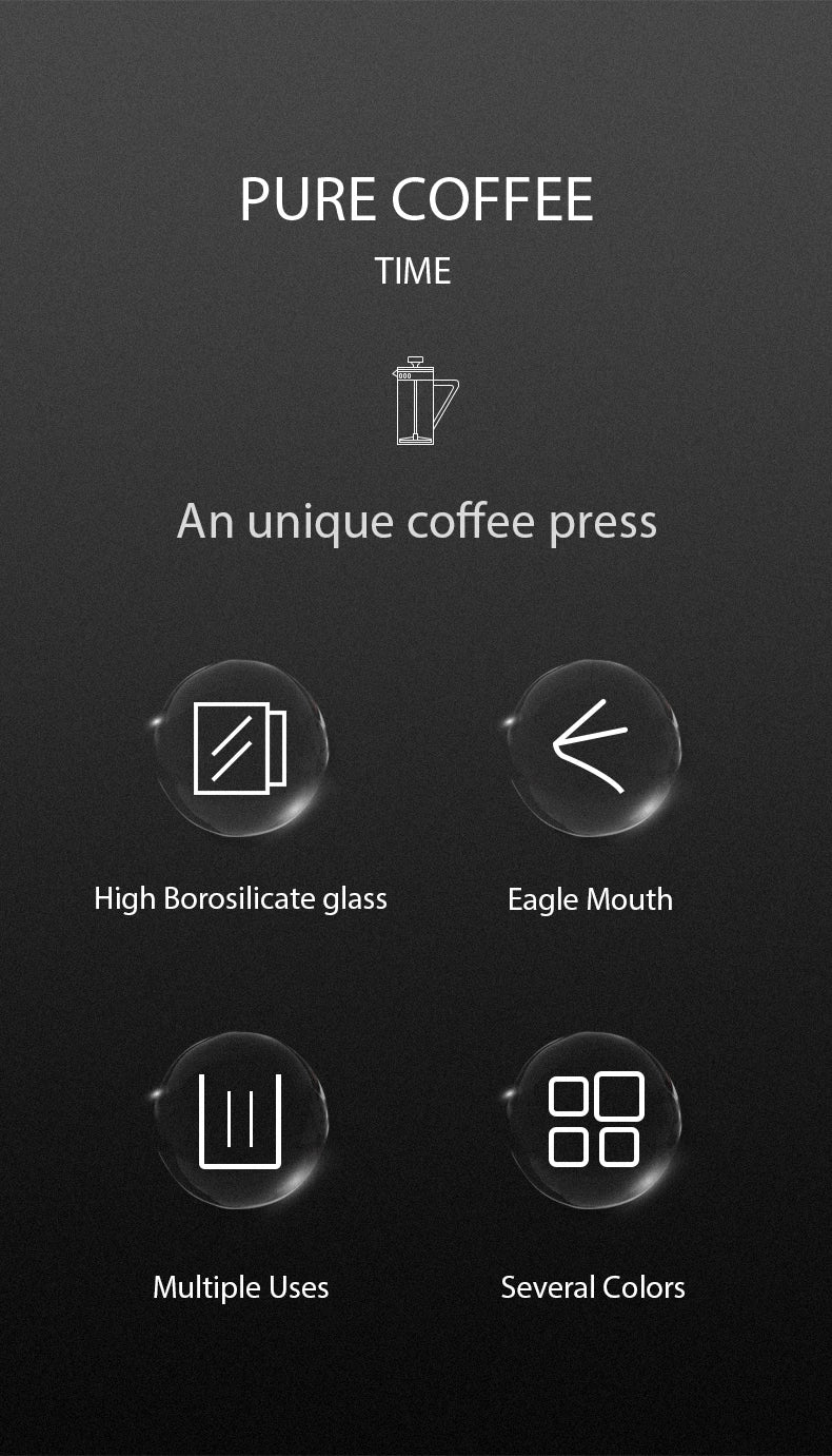 Promotional graphic for a coffee press with features listed on a dark background