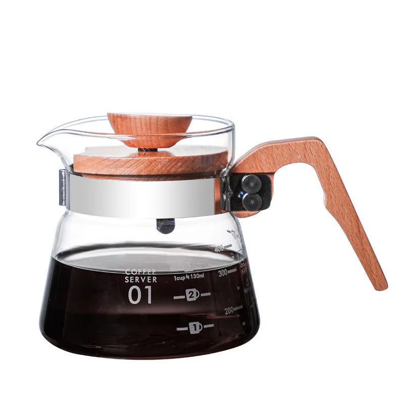 Heat Resistant Glass Hand Drip Coffee Pot Coffee Server with Wood Handle