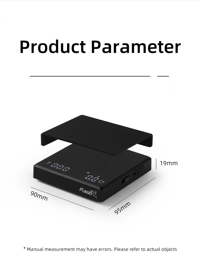 Black electronic device with measurements on a white background