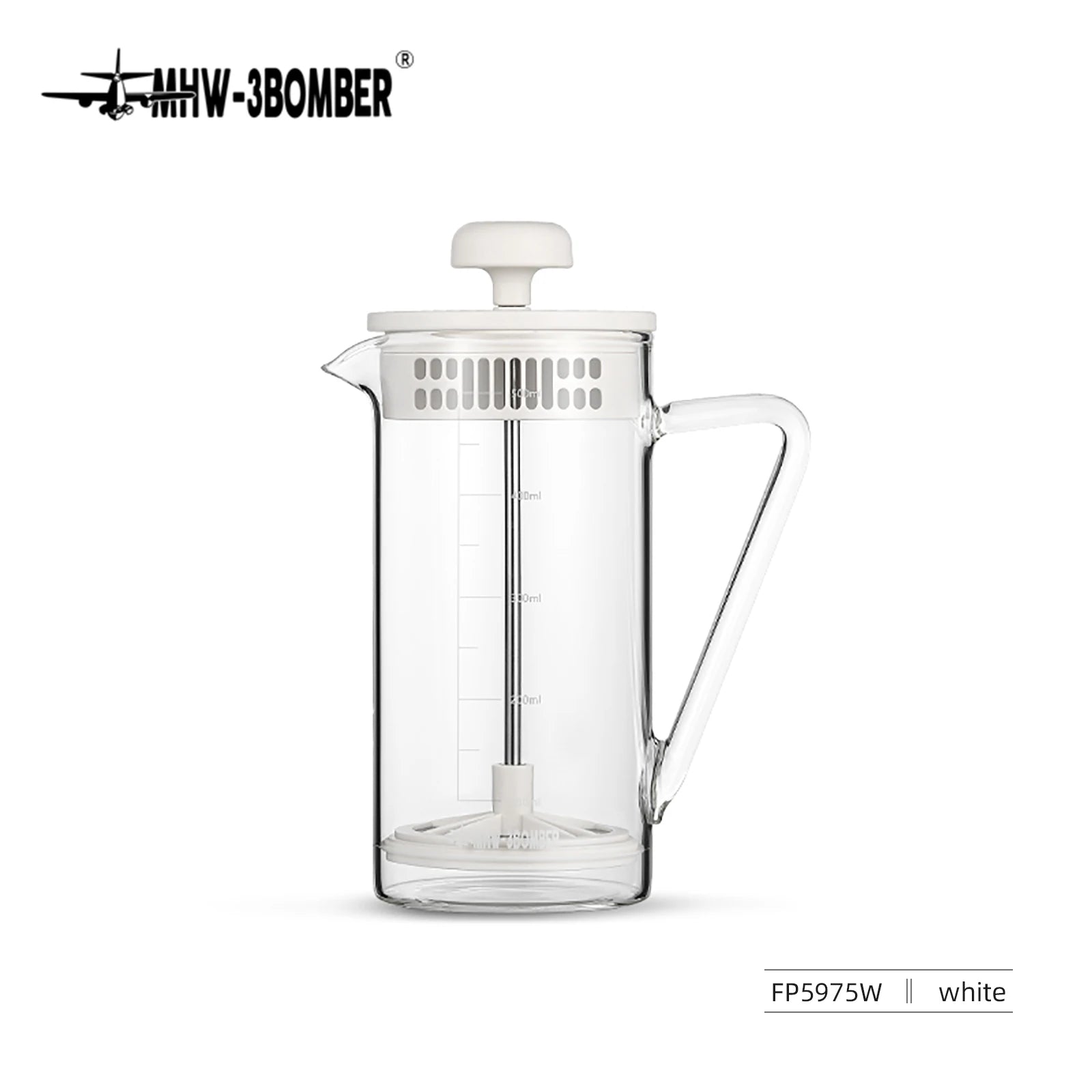 Clear glass French press with white lid on a white background, featuring MHW-3BOMBER branding.