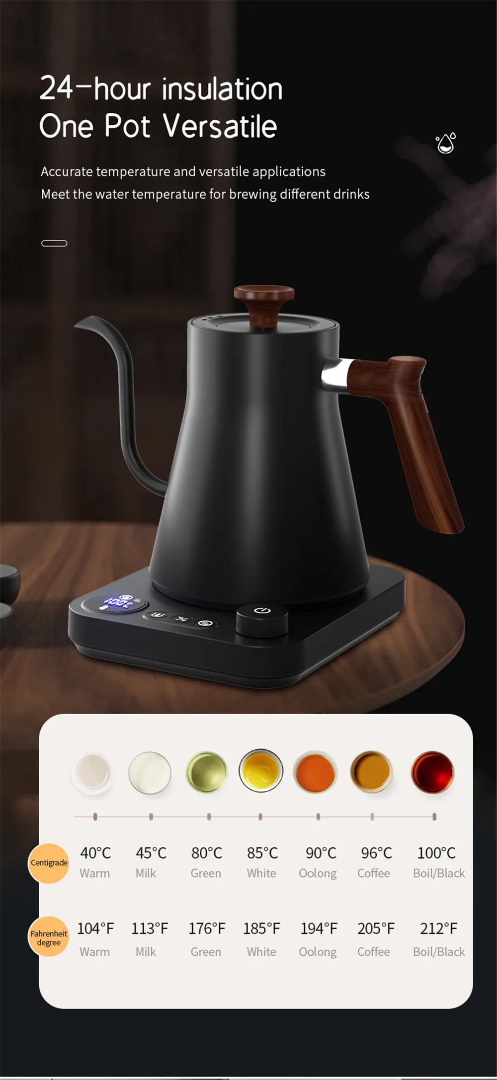Black electric kettle with wooden handle on a dark background, featuring text about insulation and versatility.