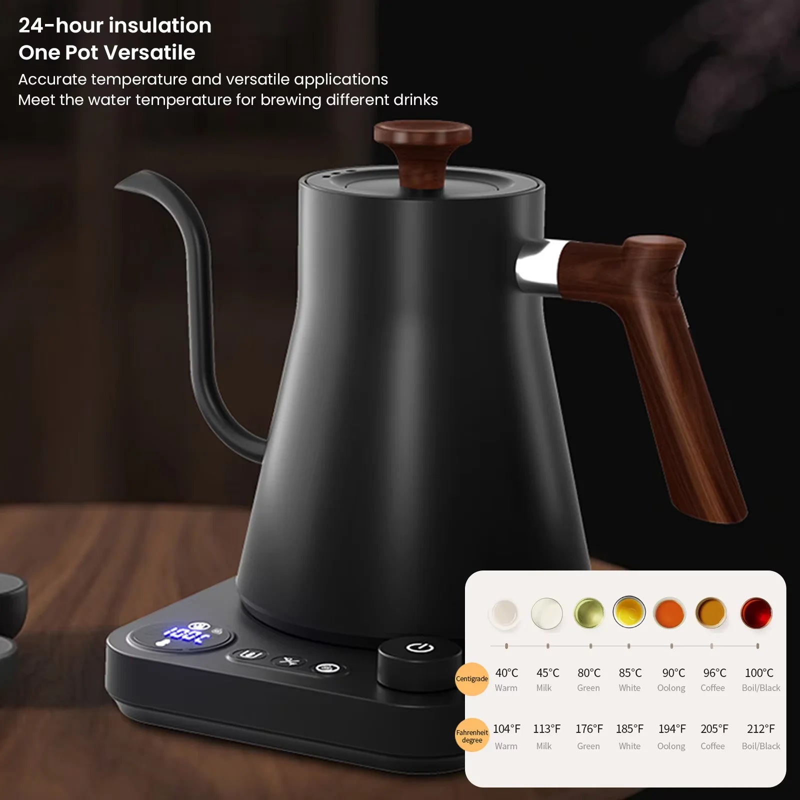 Black electric kettle with wooden handle on a dark background