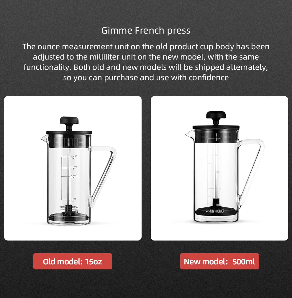 Comparison of old and new French press models with text on a black background