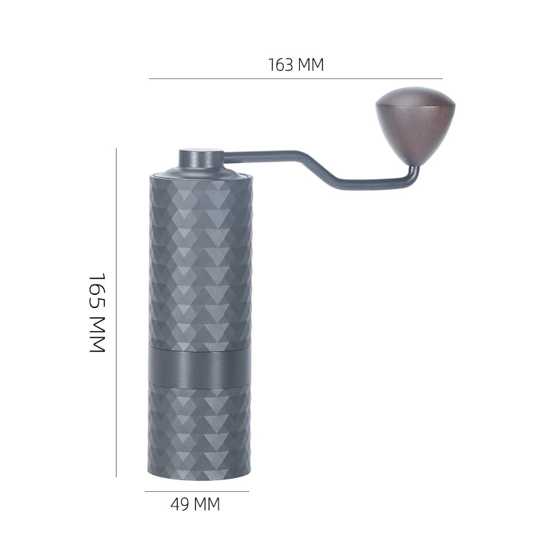 Hand coffee grinder with geometric pattern and measurements on a white background