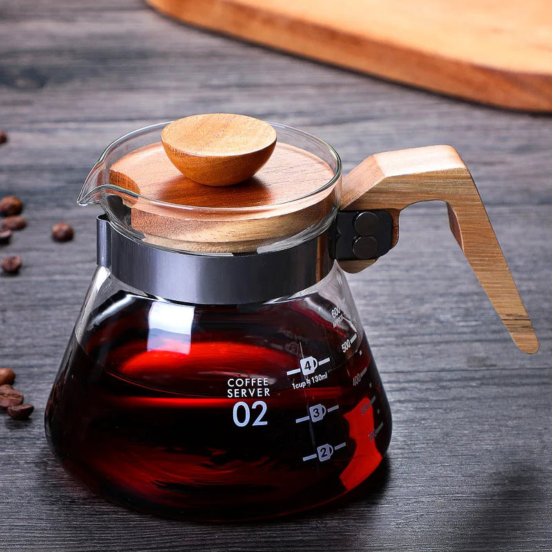 Heat Resistant Glass Hand Drip Coffee Pot Coffee Server with Wood Handle