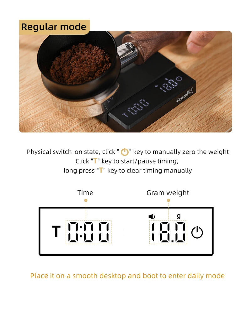 Digital scale with coffee grinder on a wooden surface, displaying time and weight.