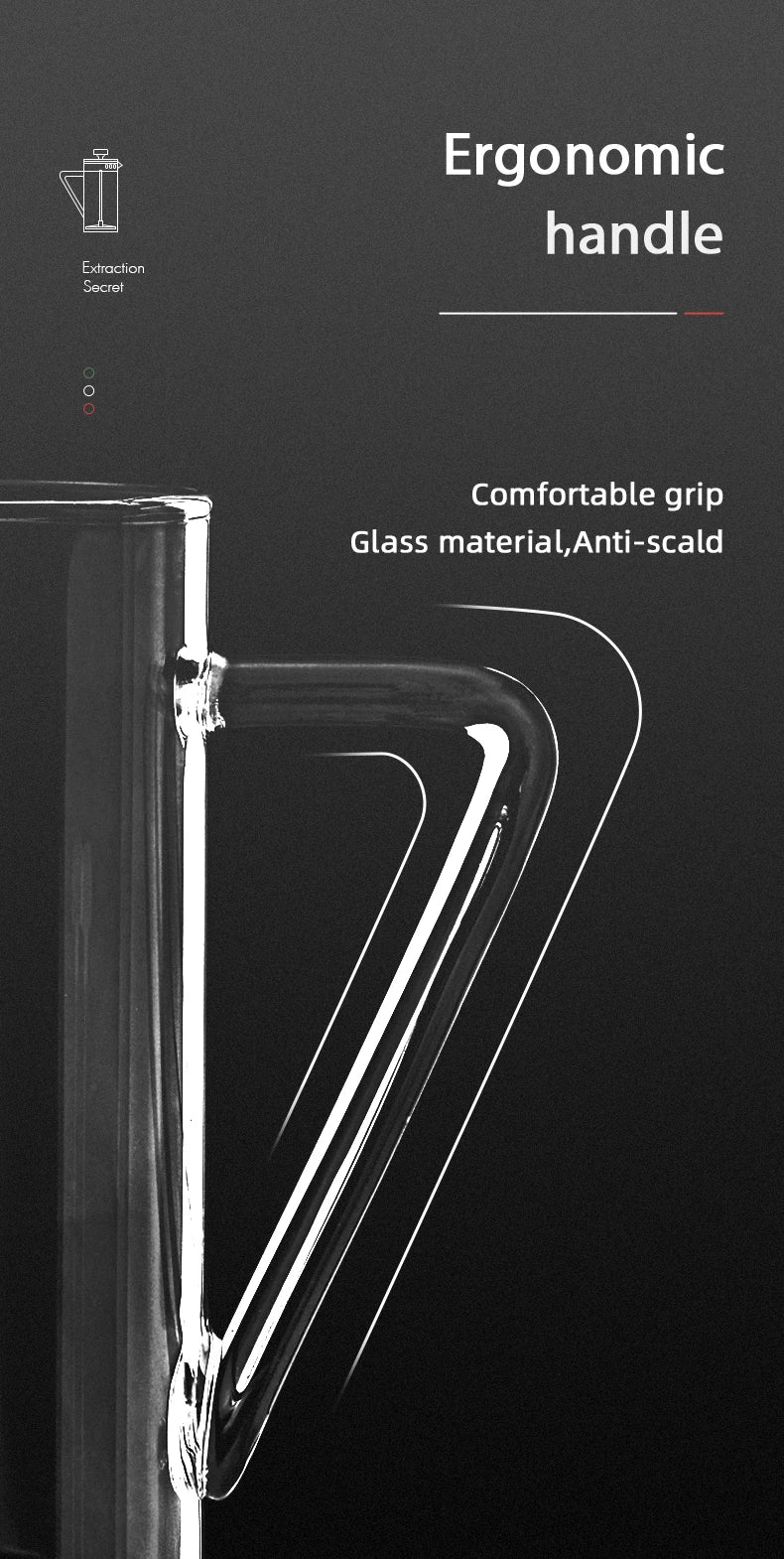 Glass material with ergonomic handle on a black background