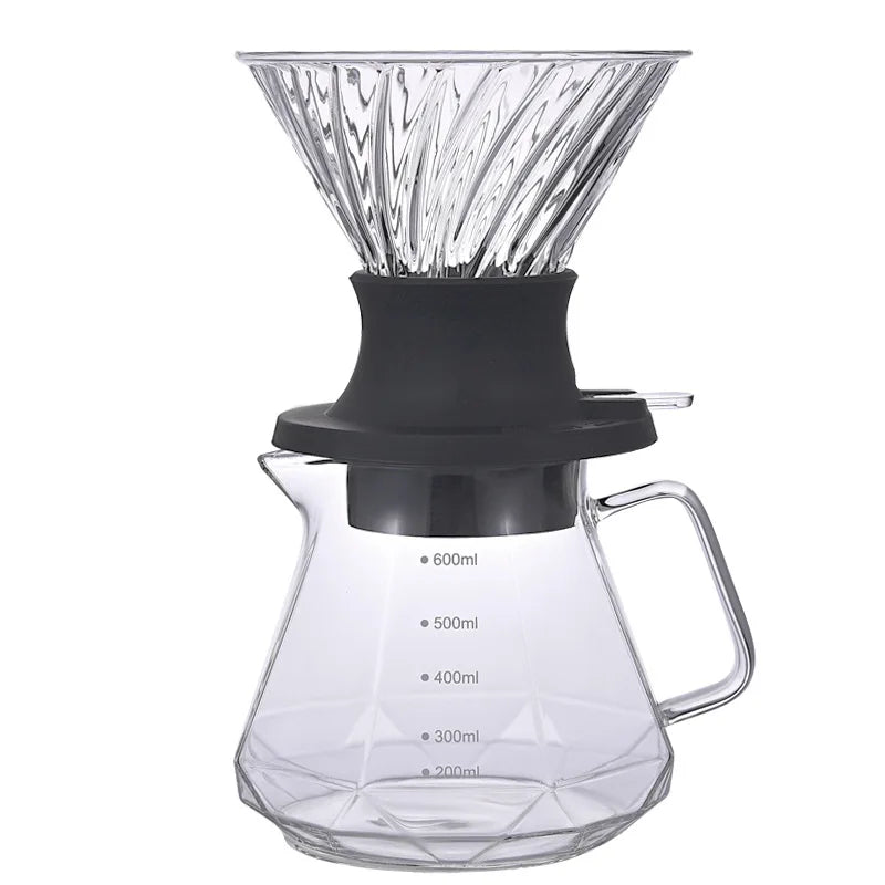 600ml High-Heat Borosilicate Glass Coffee Pour Over Set – Smart Walnut Handle Filter Cup & Sharing Pot for Home/Café/Restaurant