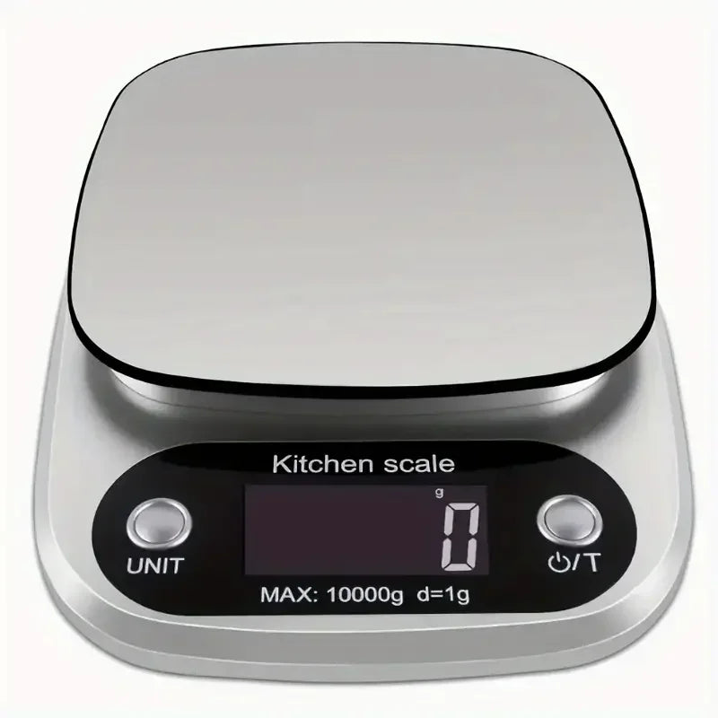 Digital kitchen scale with a metallic finish on a white background
