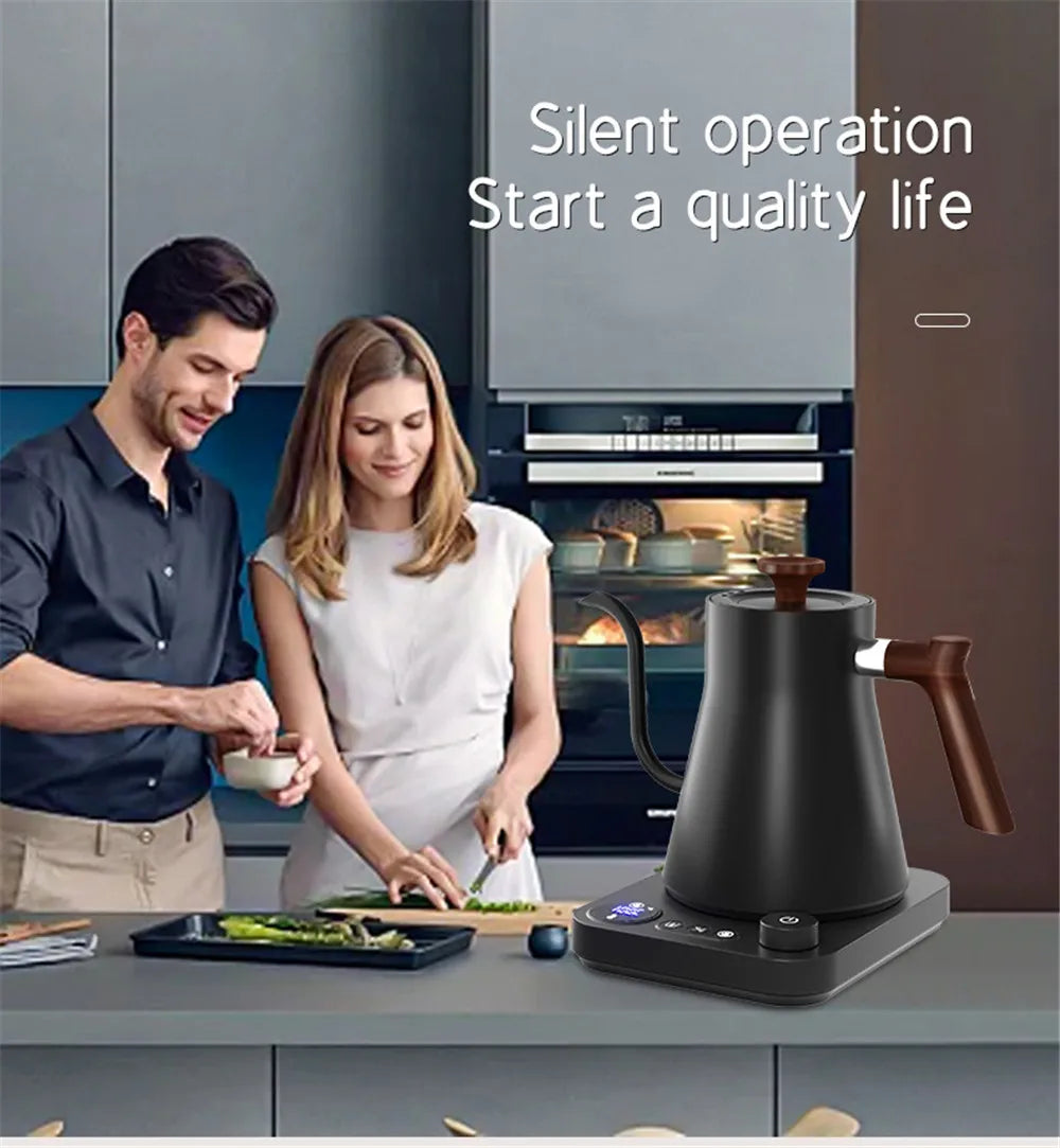 Couple in a kitchen with a black electric kettle on the counter, text 'Silent operation Start a quality life'.