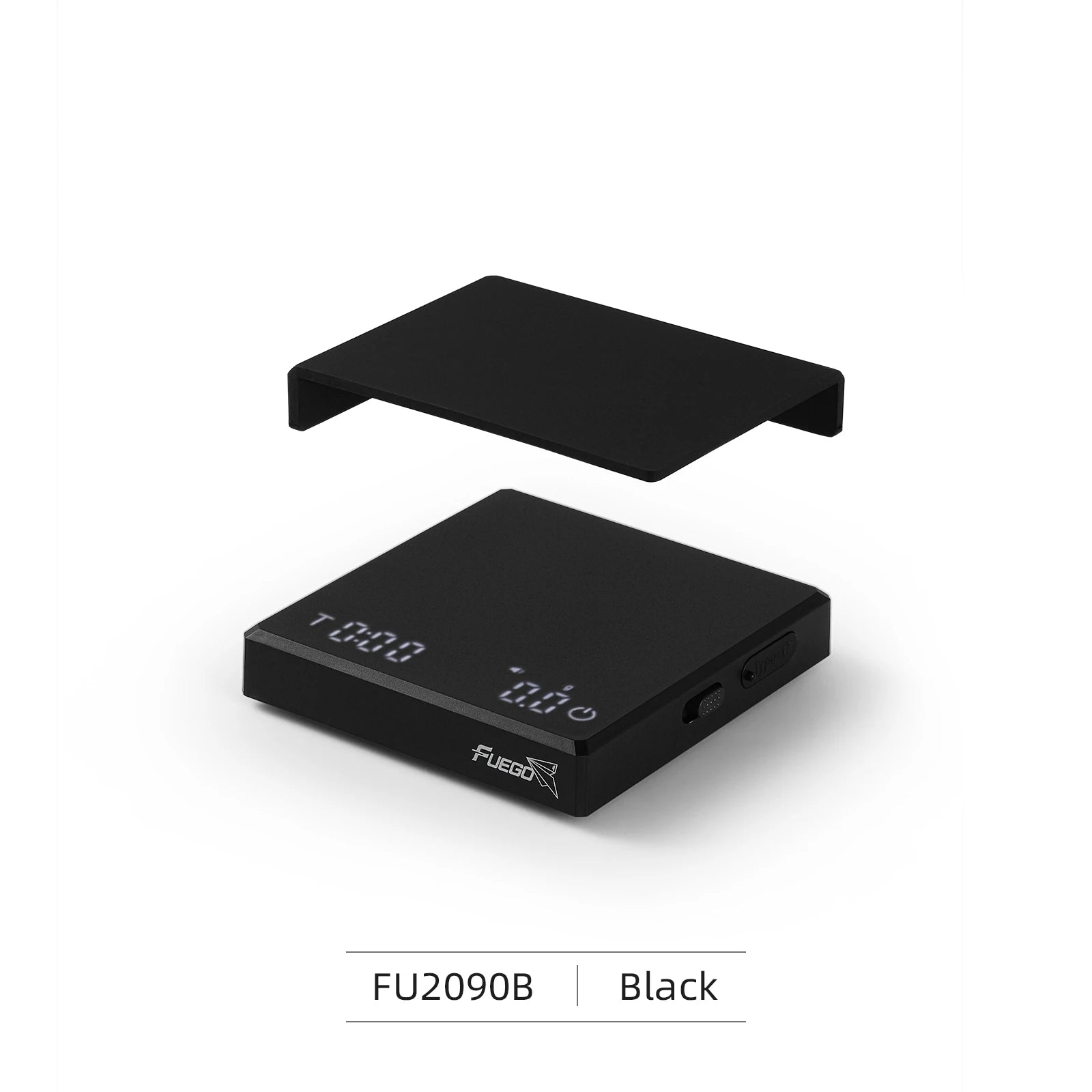 Black electronic device with digital display on a white background