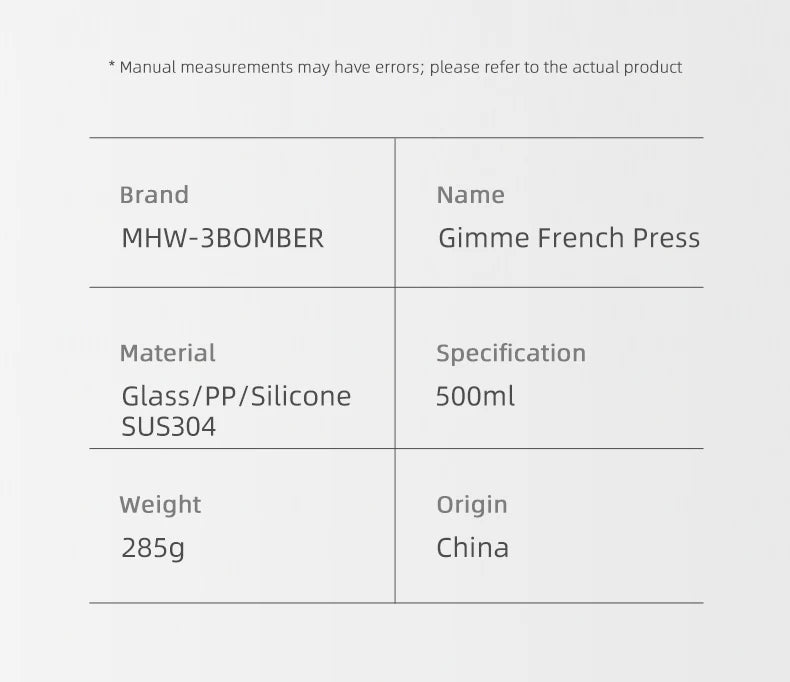 Product specifications table for a Gimme French Press by MHW-3BOMBER