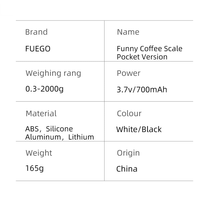 Product specifications table for FUEGO Funny Coffee Scale Pocket Version