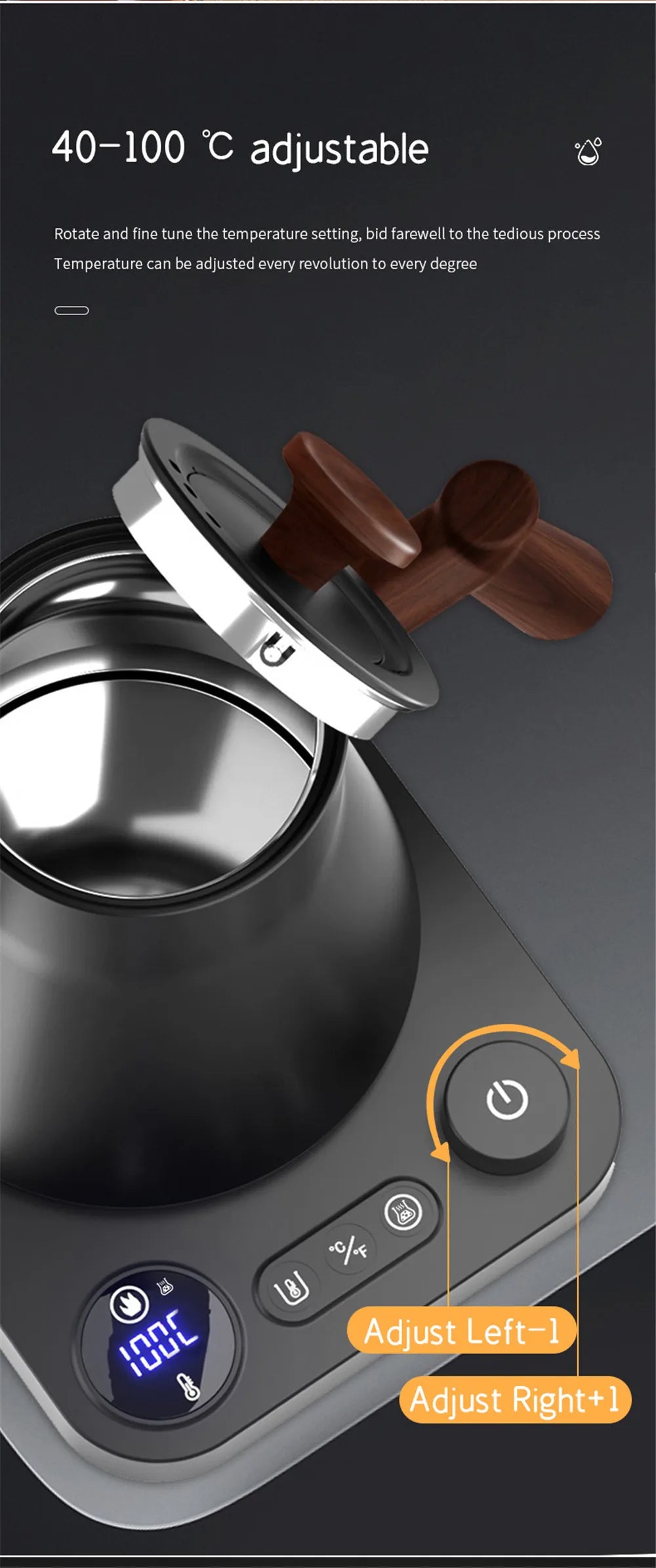 Temperature control device with digital display and adjustable knob on a dark background