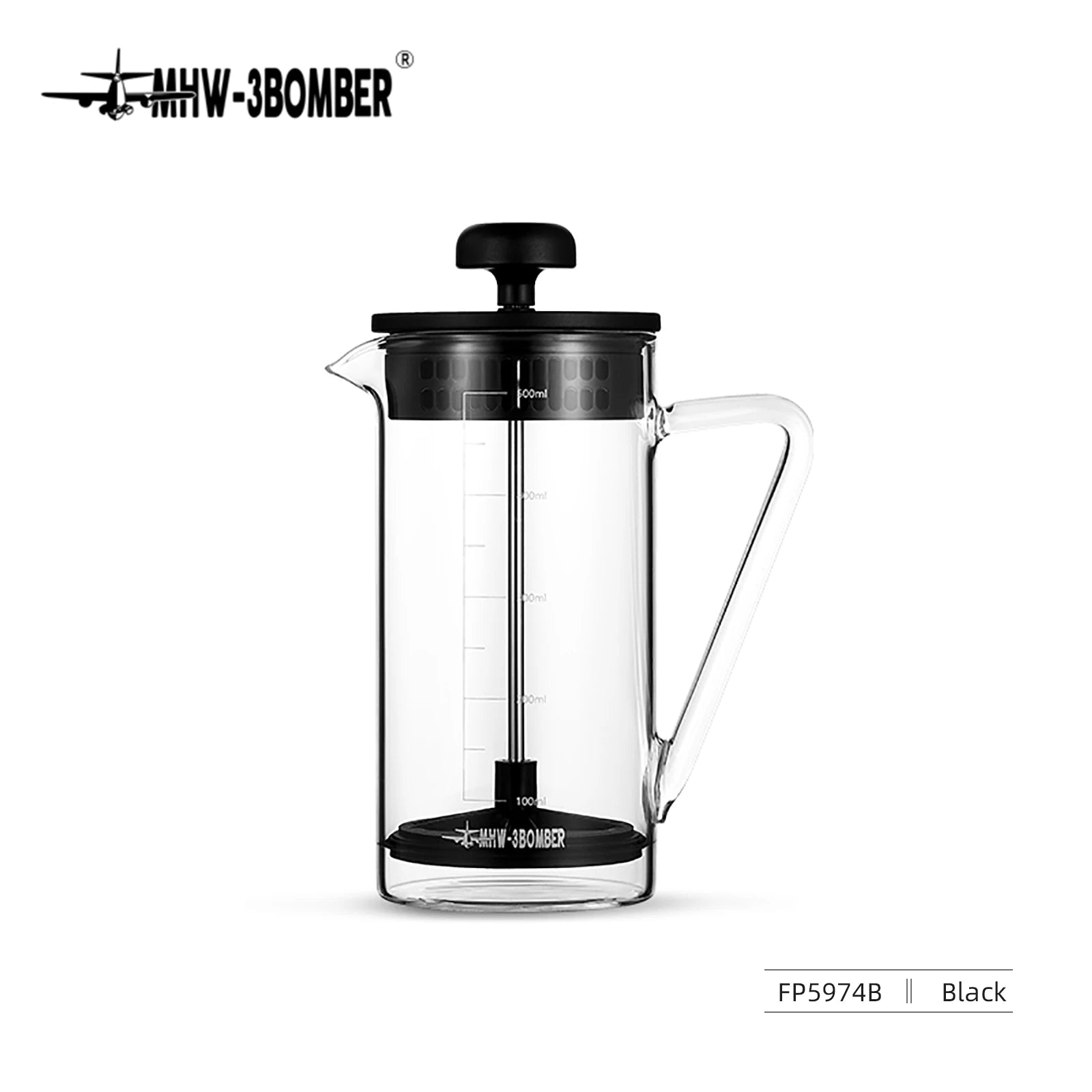 Glass French press coffee maker with black lid on a white background, branded 'MHW-3BOMBER'.