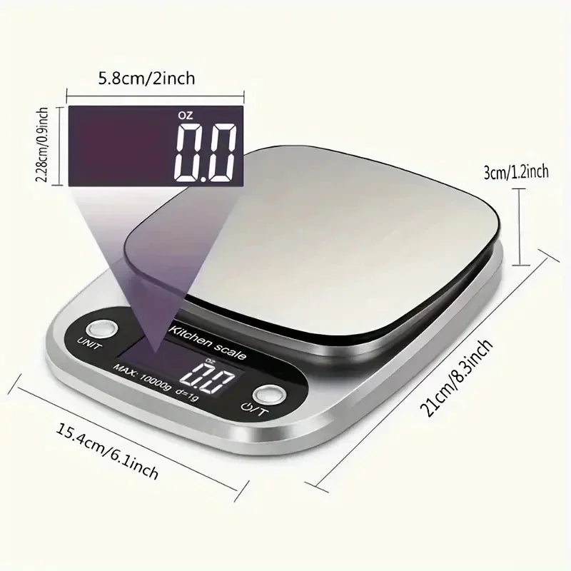 Digital kitchen scale with dimensions and weight display on a white background