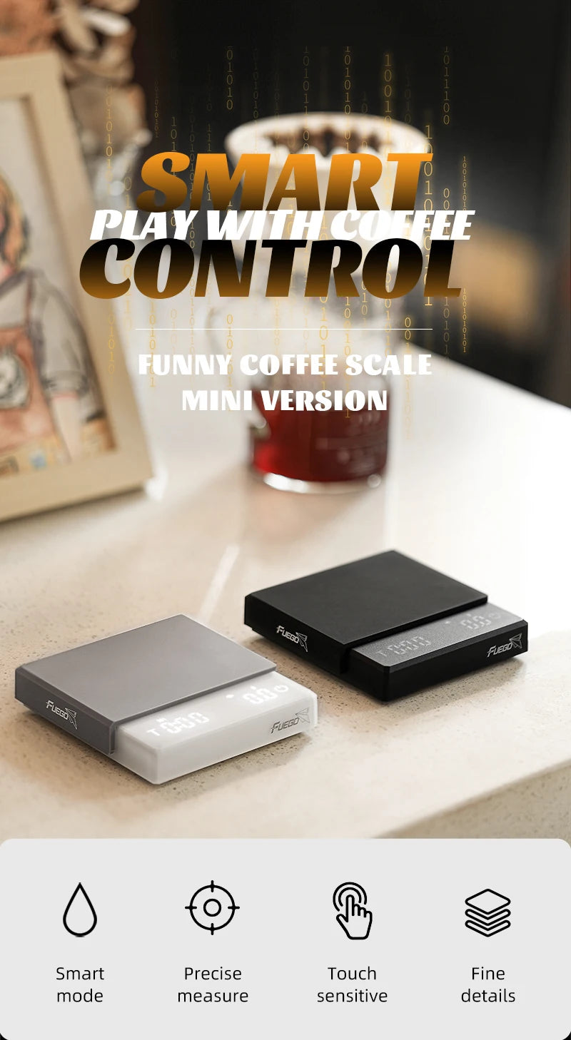 Two coffee scales on a table with a blurred background of a coffee cup and a photo frame.