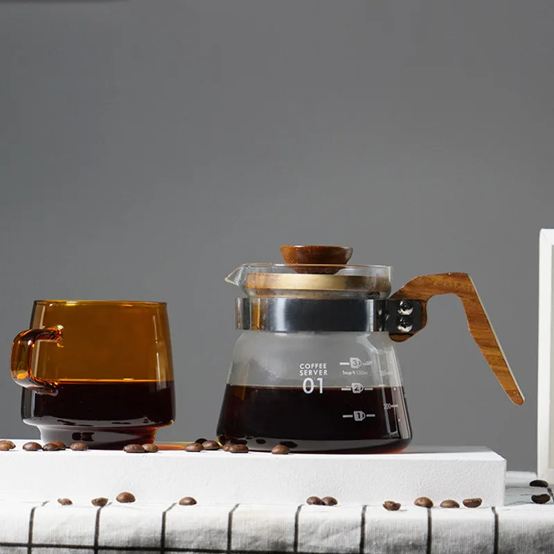 Heat Resistant Glass Hand Drip Coffee Pot Coffee Server with Wood Handle