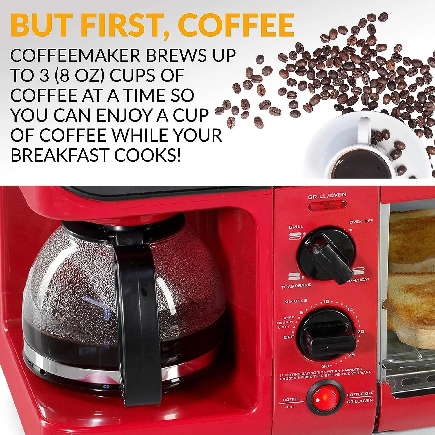 3-in-1 Breakfast Station - Includes Coffee Maker, Non-Stick Griddle, and 4-Slice Toaster Oven - Versatile Breakfast Maker with T