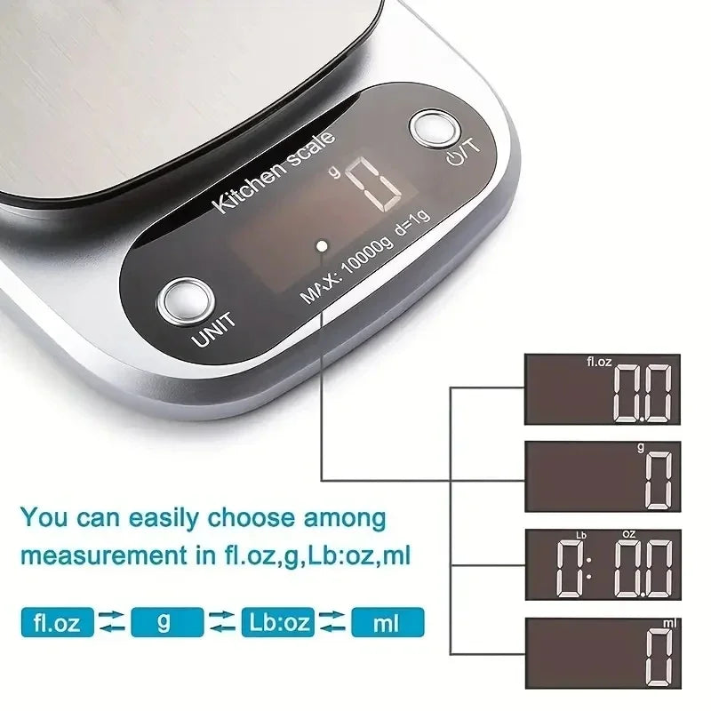 Digital kitchen scale with measurement conversion options on a white background