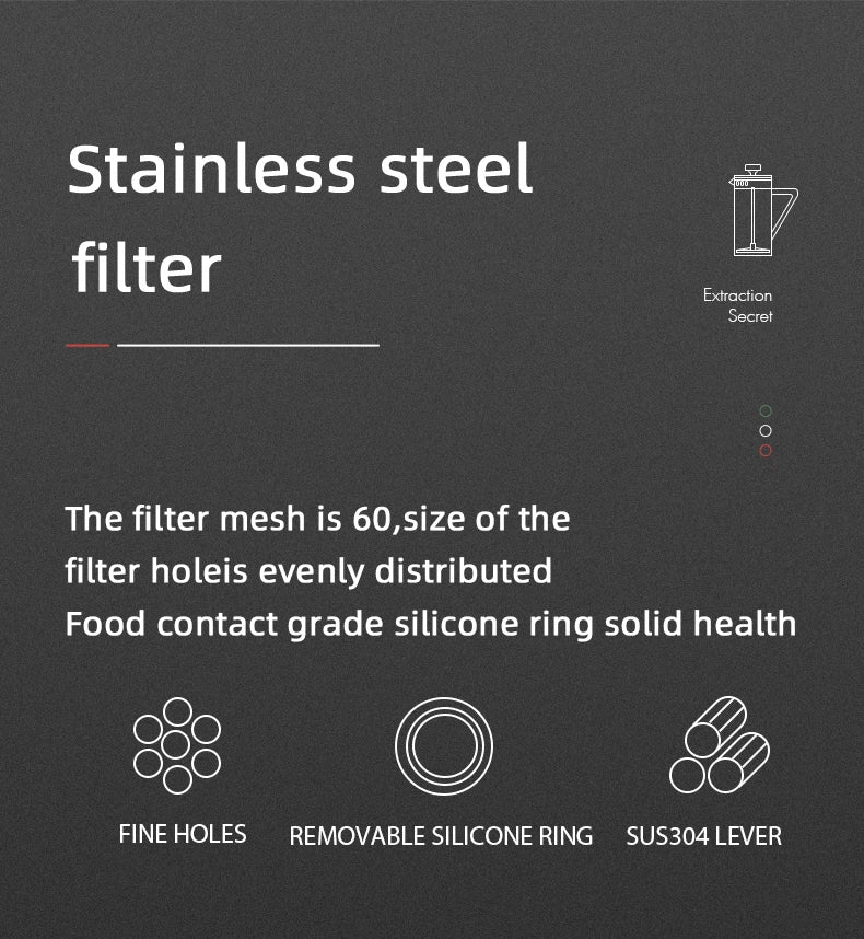Stainless steel filter description with features on a dark background