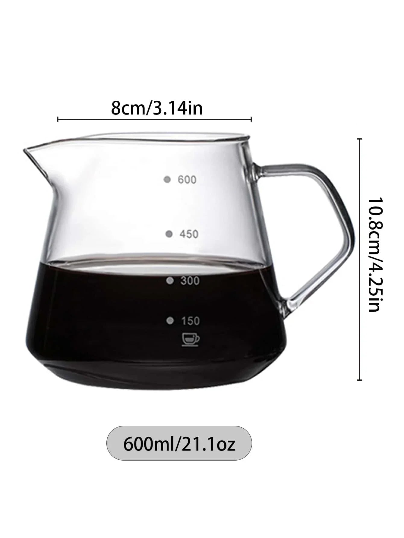 Clear glass pitcher with measurements and liquid level indicators on a white background