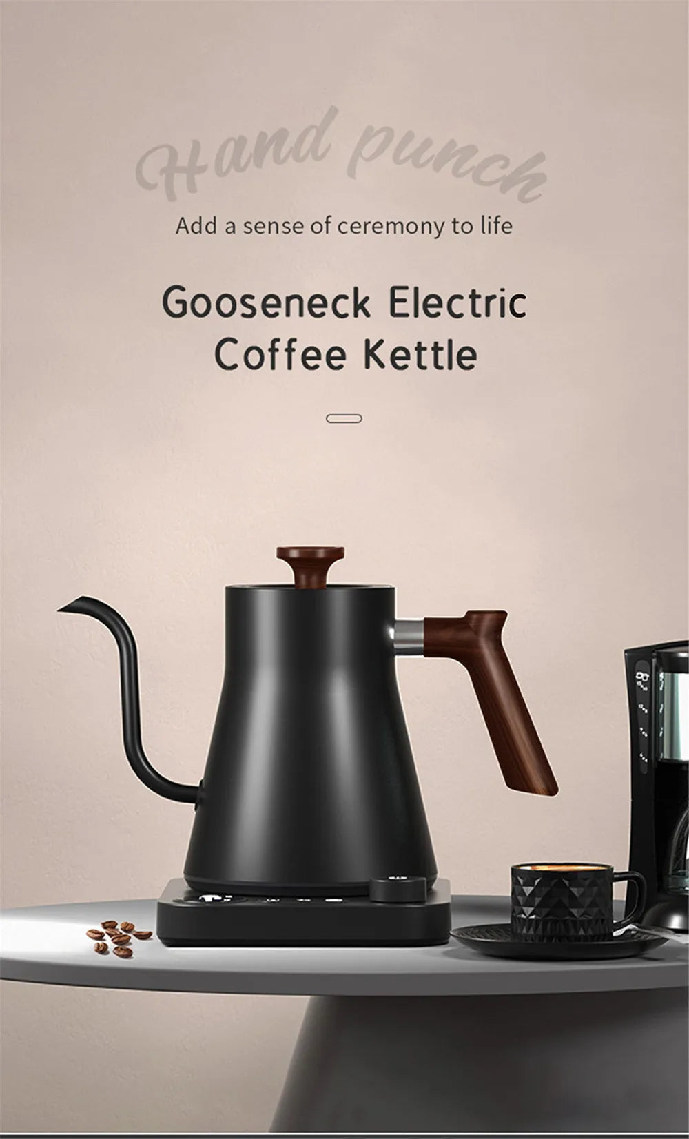 Black gooseneck electric coffee kettle with wooden handle on a beige background