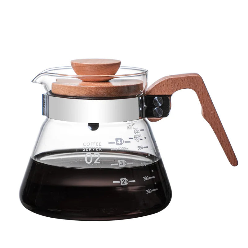 Heat Resistant Glass Hand Drip Coffee Pot Coffee Server with Wood Handle