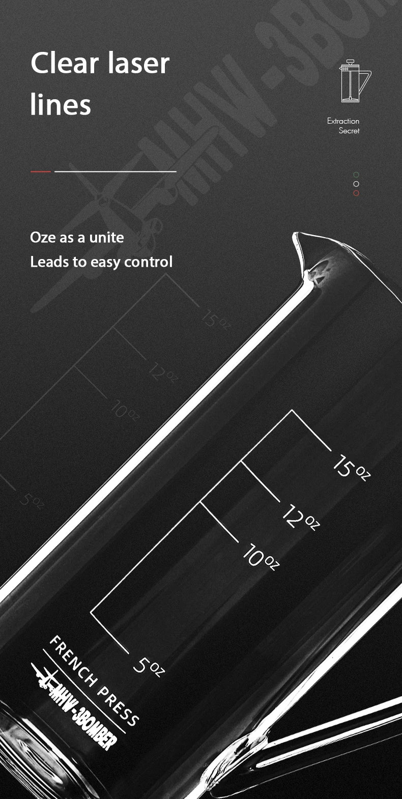 Black French press coffee maker with measurement markings on a black background